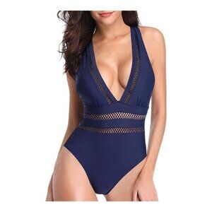 Women's Navy Swimsuit Sexy Plunge V-Neck Hollow Out Monokini Size 18W NWT #0070